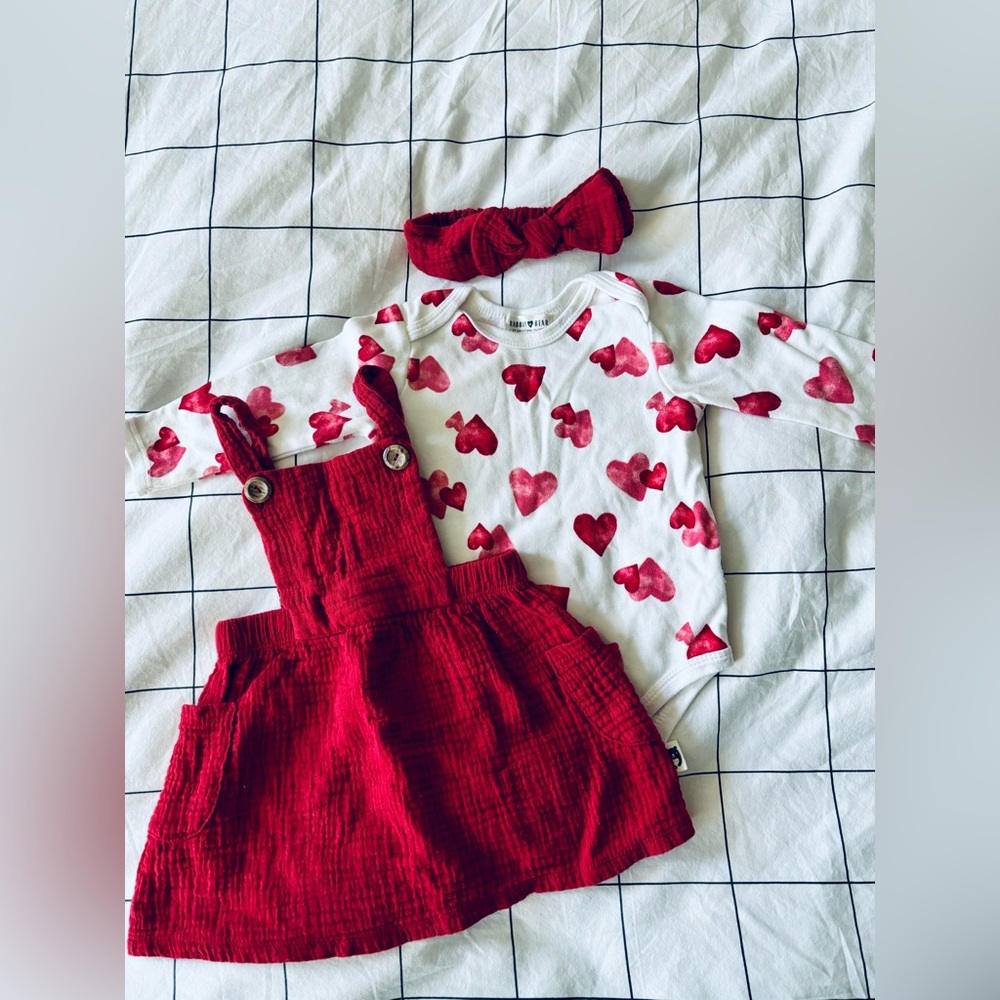 Rabbit & Bear 3 piece set: onesie, dress, headband; red hearts, 18 mo